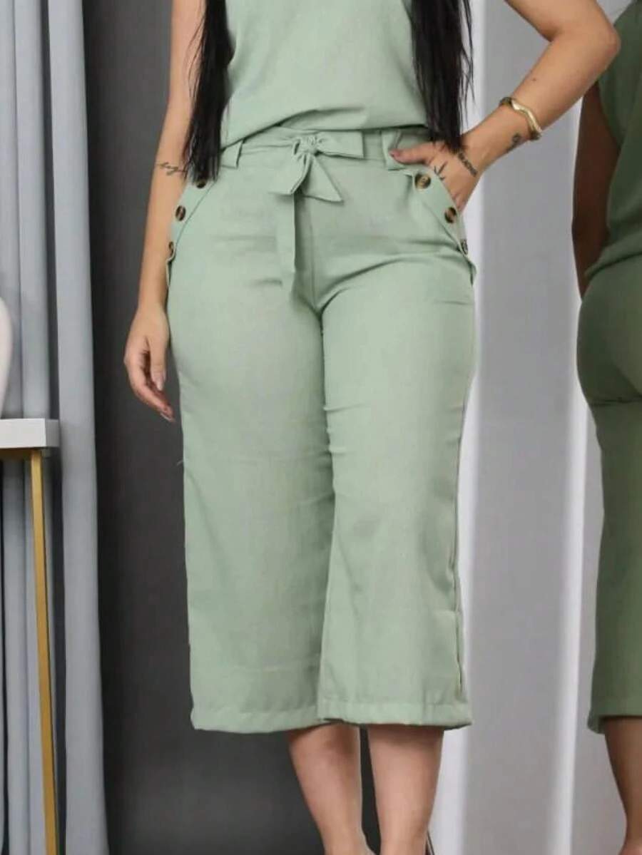 Women's Pantacourt Linen High Waist Pants With Bow And Pockets - Mint Green - View 1