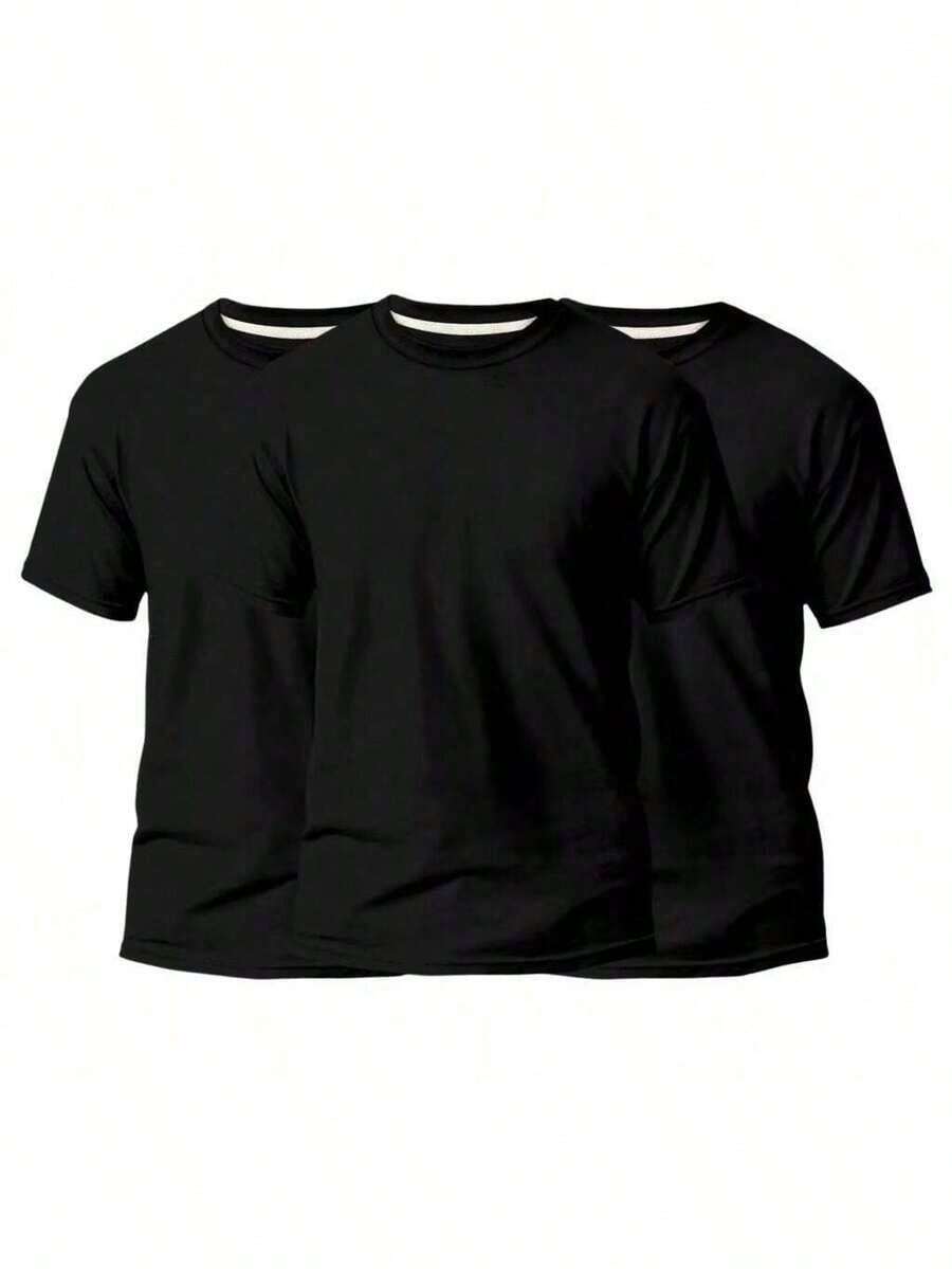 KIT 3 Basic Plain Men's T-Shirts 100% Cotton 30.1 - 黑色+黑色+黑色 - 查看 1