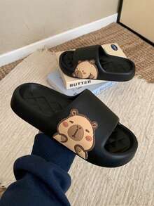 XIXITIAO Capybara Couple Slippers, Soft Flat Casual Slippers, EVA Spring/Summer Cute Slippers, Solid Color Classic Flat Slippers With Fashionable Capybara Pattern, Suitable For Outdoor/Beach/Home Use - Black - View 5