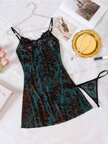 2pcs New 3D Embroidered Lace Sheer Sexy Lingerie Set: Camisole & Panties - Olive Green - View 8