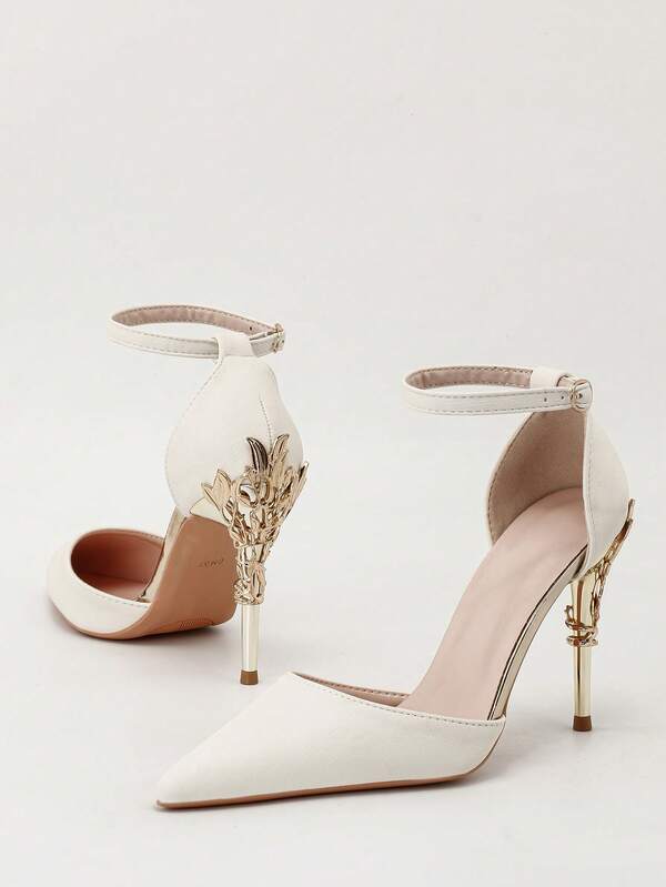 Fashionable Metallic Floral Stiletto High Heel Pointed Toe One-Strap Sandals, Sexy & Luxurious Women Dress Shoes