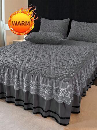 3pcs/Set Autumn/Winter Thick Warm - Luxury European Style Flannel Lace Bedding Set (1pc Bed Skirt + 2pcs Pillowcases), Lace Trim Decor, Fashionable & Elegant, Moisture-Wicking, Breathable, Wrinkle-Resistant, Quiet, Removable Mattress Cover