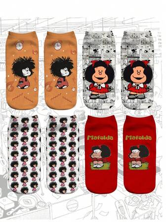 4 双 Mafalda 卡通女孩肖像图案袜子，经典新奇礼物，休闲日常和节日穿着，适合所有季节