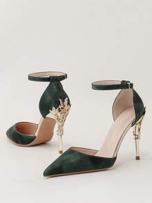 Fashionable Metallic Floral Stiletto High Heel Pointed Toe One-Strap Sandals, Sexy & Luxurious Women Dress Shoes