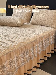 3件套秋冬厚实保暖 - 奢华欧式法兰绒蕾丝床上用品套装（1件床裙+2件枕套），蕾丝边装饰，时尚优雅，吸湿排汗，透气，抗皱，安静，可拆卸床垫套 - 歐式-卡其 - 查看 5