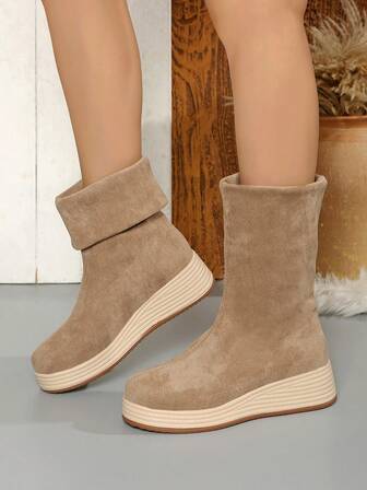 Women's Autumn/Winter Round Toe Mid-Calf Boots, Thick Sole Wedge Heel Versatile Boots, Fashionable Casual Mid-Calf Boots