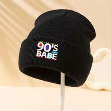 90'S Chic" Black Beanie - Stretchy Knit Winter Hat With Colorful Print, Warm & Lightweight For Men And Women, Urban Streetwear Fashion Accessory, Festive Holiday Gift, Festive Headwear| Playful Print Beanie| Stretchy Knit Hat, Beanie Hat - 黑色 - 查看 1