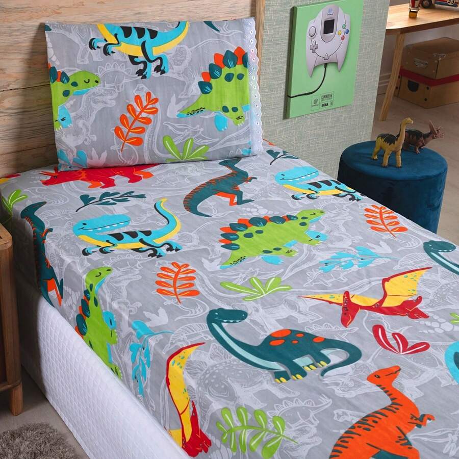 2-Piece Single Bed Sheet Set With Children's Prints - Gray Dino - View 1