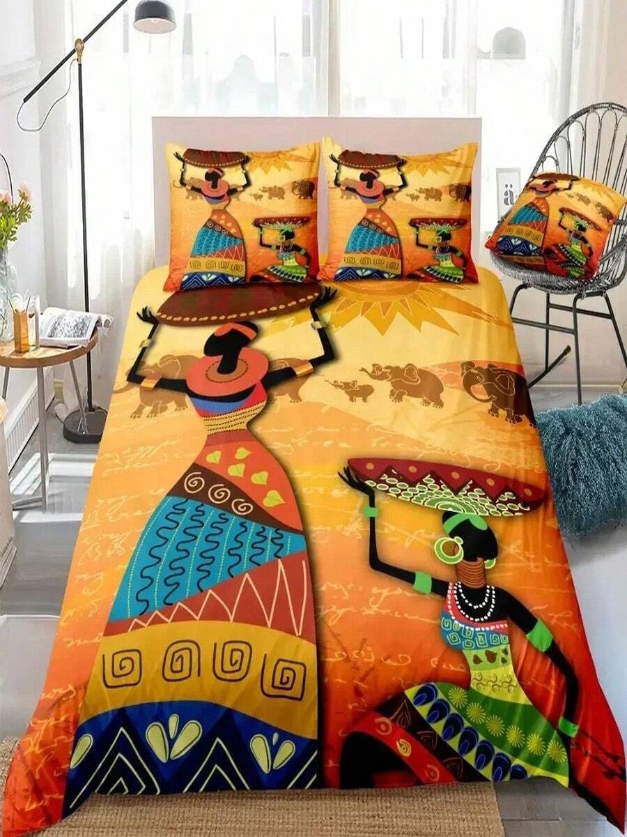 African Woman King Queen Duvet Cover Retro Exotic Pattern Bedding Set Africa Polyester Quilt Cover Pillowcase (4) - 白色 - 查看 1