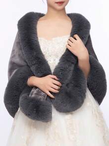 1 件黑色巴洛克风格时尚公主新娘毛皮披肩，薄厚混合披肩，适合婚礼保暖毛绒披肩，女士秋季服装 - 黑色 - 查看 5