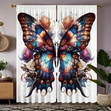 2pcs Vintage Butterfly Print Curtains, Semi-Sheer Polyester Fabric, Machine Washable, Rod Pocket Design, Suitable For Bedroom, Living Room, Dining Room, Kitchen And Other Home Decor