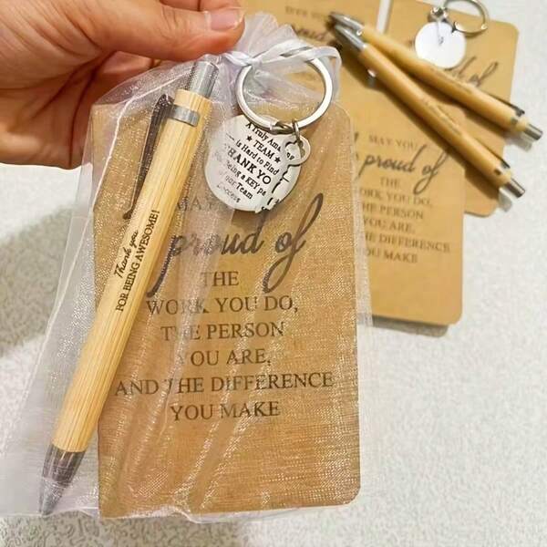 4pcs/12pcs Keychain Set, Includes Bamboo Pen, Inspirational Notebook, Motivational Keychain And Gift Bag - Suitable For Employees, Staff, Volunteers - Thanksgiving And Christmas Universal Paper Appreciation Gift Set