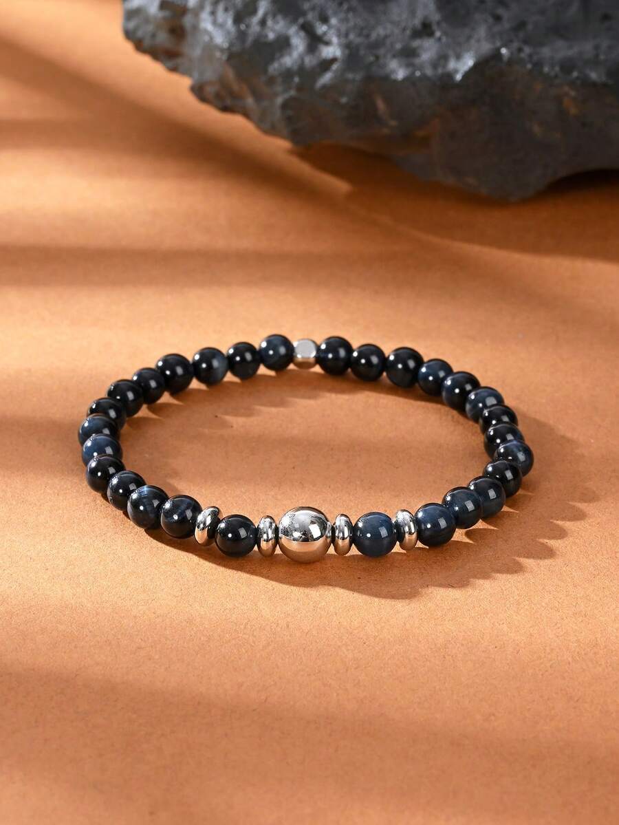 1pc Platinum Plated Natural Tiger Eye Elastic Bracelet, Gift For Men On Father's Day, Valentine's Day, Birthday, Suitable For Daily Wear By Men And Women