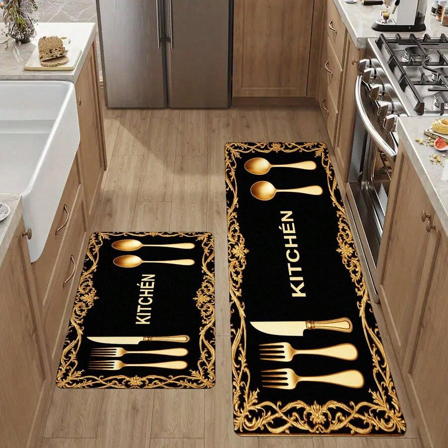 KITCHEN Gold Utensil Pattern Black Decorative Kitchen Runner Rug, Non-Slip Washable Long Floor Mat For Kitchen Counter, Dining Room, Entryway - Gold Trimmed Ornate Design, Super Soft & Durable C