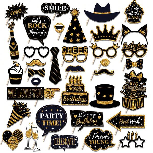 38pcs Birthday Photo Booth Props Set, 18th/21st/30th/40th/50th/60th Birthday Happy Birthday Wedding Party Supplies, Bday Party Decor Photo Booth, Funny & Cute Holiday Birthday Party Supplies (Gold & Black)