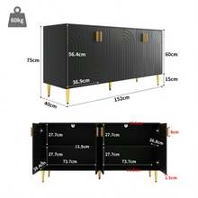 Schwarzes Sideboard (152 x 40 x 75 cm) mit einzigartigem Wellendesign und goldenen Griffen und Füßen, das einen eleganten Essbereich schafft