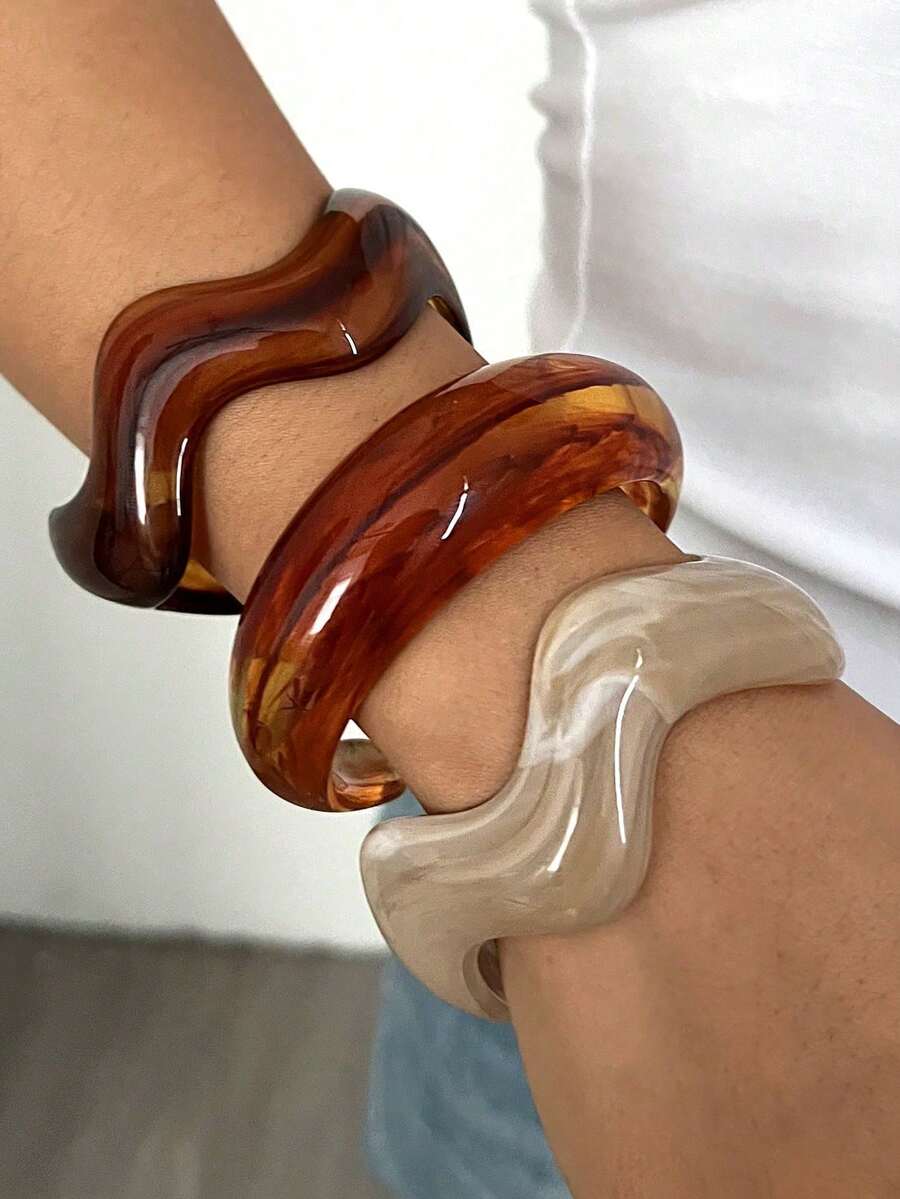 Set 3/1 buc brățară retro minimalistă ondulată din acril pentru femei, potrivită pentru purtare zilnică, stivuibilă, alegerea perfectă pentru cadou