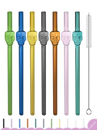 8pcs Halloween Skull Glass Straws With 2pcs Straw Brushes, Reusable 7.87 Inch /8 Mm Spooky Drinking Straws With Skull Design, Multicolor Shatter Resistant, For Smoothies, Milkshakes, Tea Or Iced Coffee