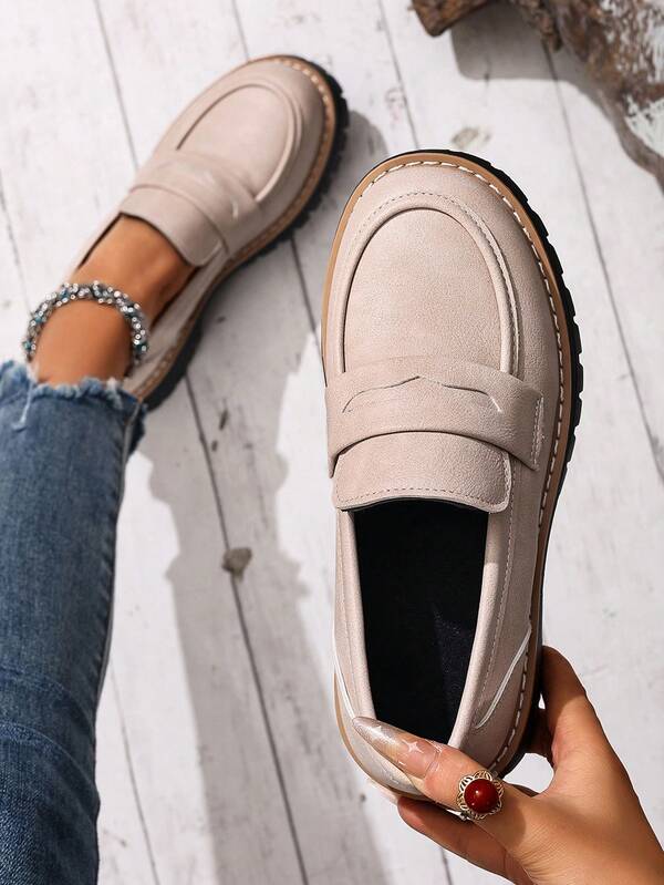 Women's Slip-On Loafers, Casual Round Toe Thick Sole Shoes, Fashion College Style