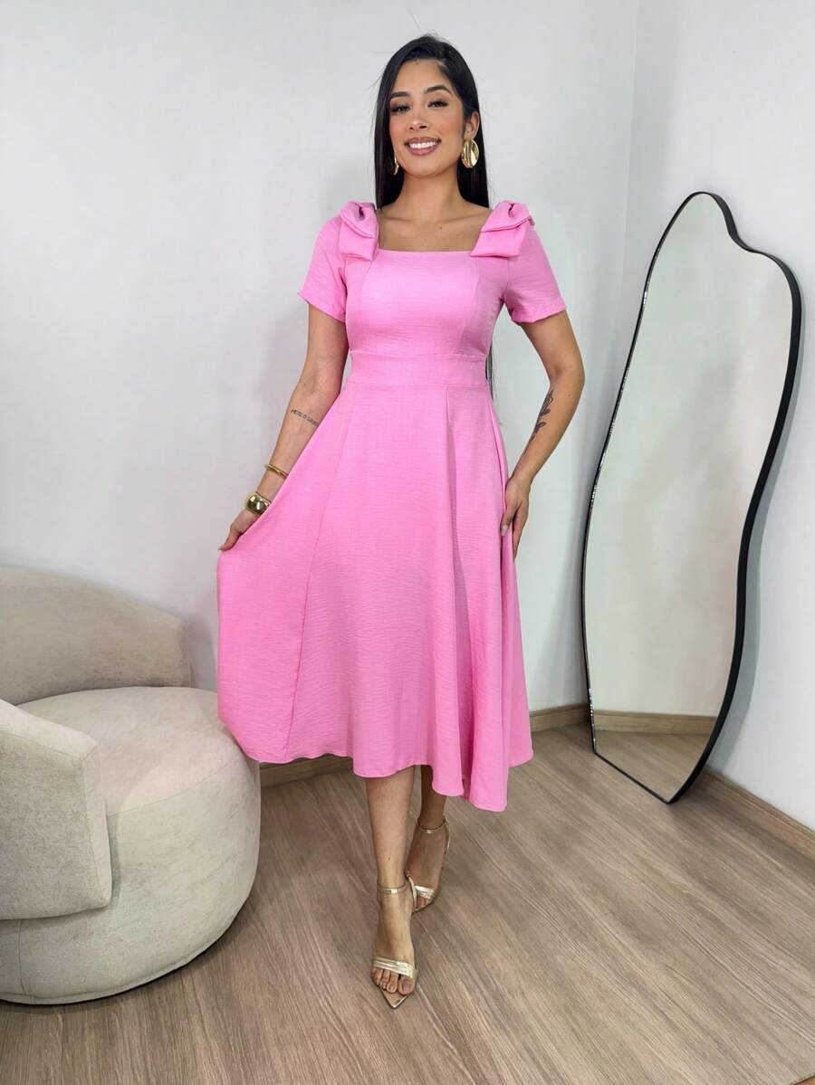 Women's Midi Dress Lined With Bow Detail On The Shoulder In Short Sleeves, Elastex On The Back And Duna Linen Cup - Elegant Fashion - Rosa - 查看 1