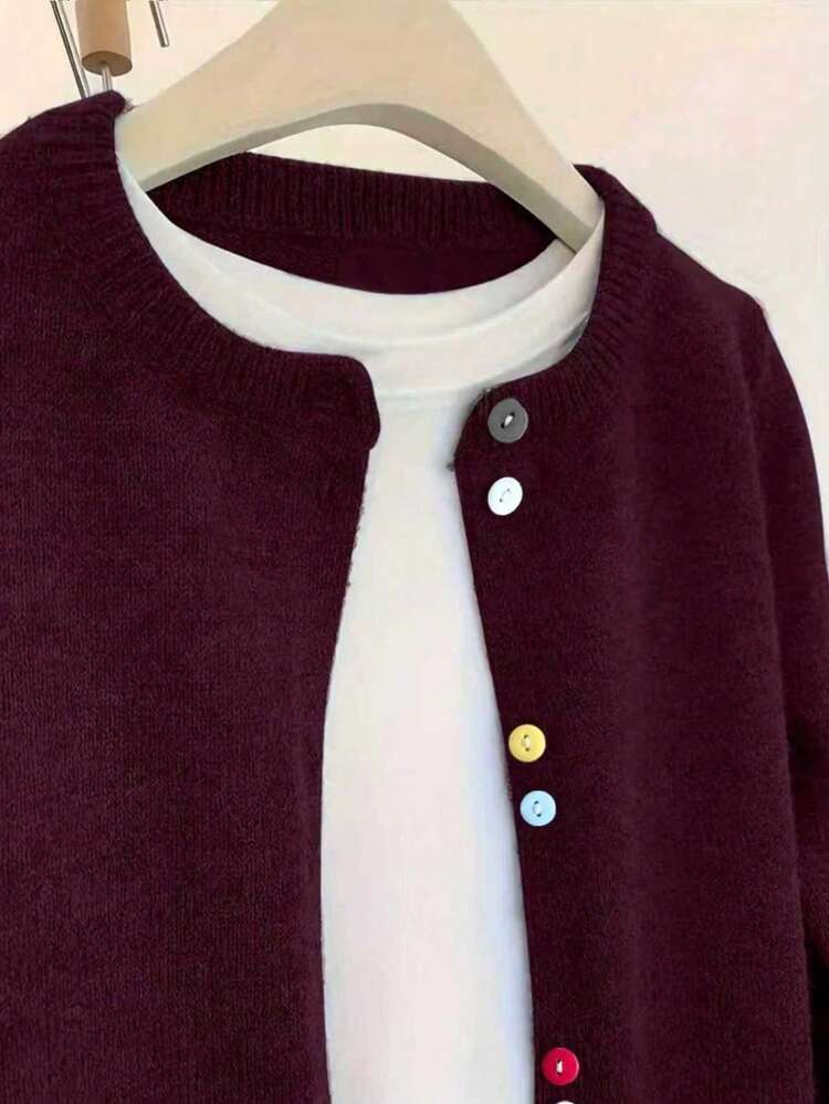 Women's Comfortable Long Sleeve Crew Neck Cardigan, Paired With Playful Colored Buttons And Medium Stretch Polyester Fabric - Burgundy - View 5