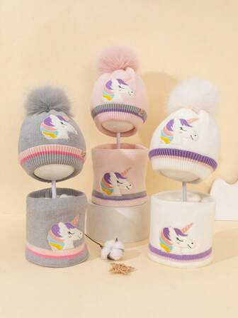 Set de 2 piezas: Gorro de punto grueso bordado con unicornio + Cuello calentador de felpa cálida bordada con unicornio, lindo y dulce, adecuado para el calor diario en invierno, esquí al aire libre, vacaciones, regalo de vacaciones de invierno para niños