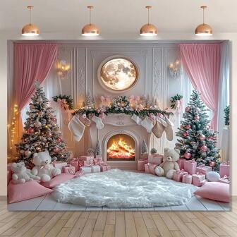 1 Piece Of Holiday Polyester Christmas Background, Pink Fireplace Scene, With Trees And Gifts, No Need For Electricity, Winter Holiday Party Decoration, Outdoor Christmas Decoration