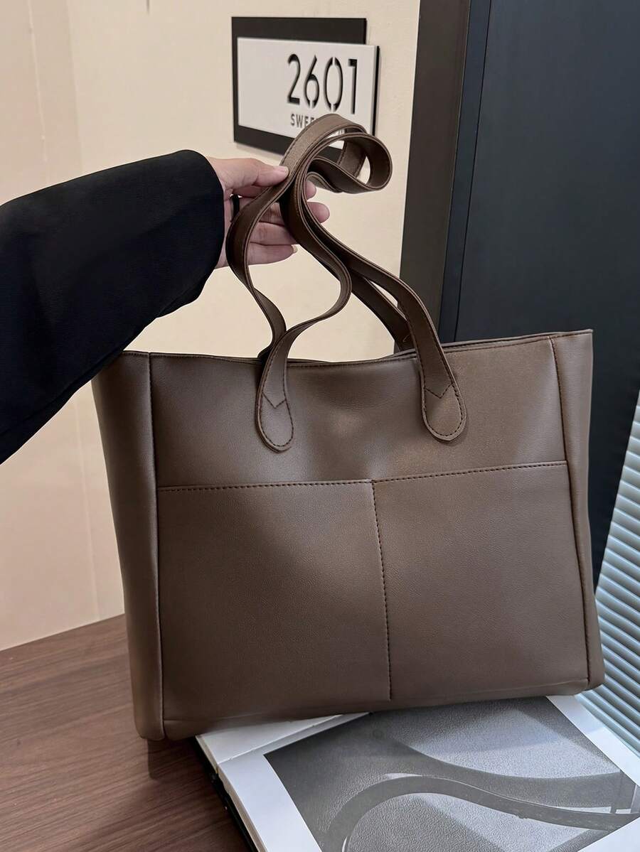 Minimalist Versatile Large Capacity Shoulder Bag, Casual Shopping Tote - Chocolate Brown - View 1