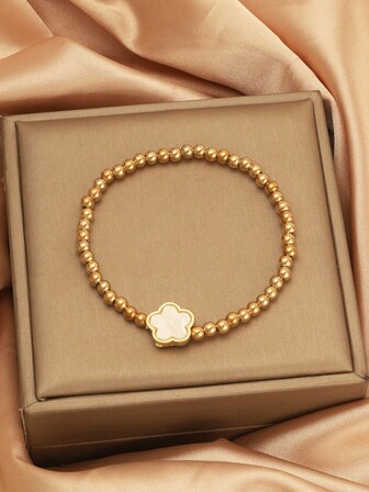 1pc Fashionable Minimalist Beaded Elastic Bracelet With Lucky 5-Leaf Clover, Suitable For Daily Wear By Girls
