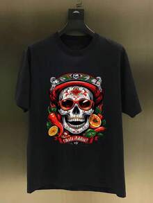 Men's Gift | Unisex Sugar Skull T-Shirt | 100% Cotton | 180G Heavyweight | Perfect for Day of the Dead & Halloween | Casual Round Neck Tee for Him & Her - Negro - Ver 2