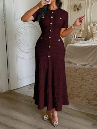 Unadoll Ladies' Fall Round Neck Short Sleeved Fake Pocket Decoration Button Texture Fabric Teacher Outfits For Women Dresses, Suitable For Dating, Going Out, Traveling, Etc, Back To School,Thanksgiving Attire