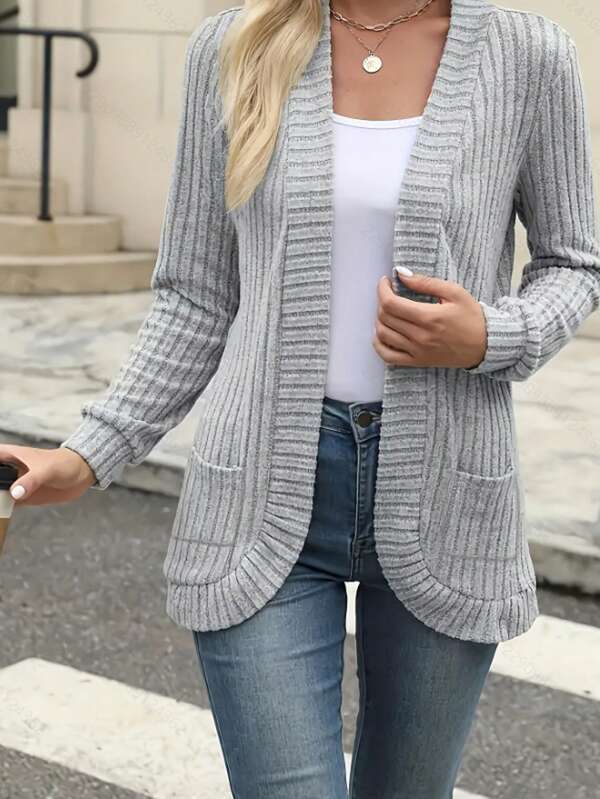 Ribbed Knit Cardigan, Casual Sweater Jacket