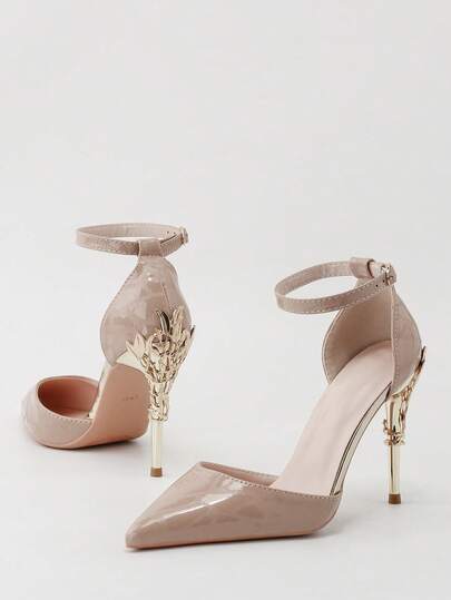 Fashionable Metallic Floral Stiletto High Heel Pointed Toe One-Strap Sandals, Sexy & Luxurious Women's High Heels
