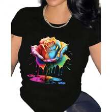 Camiseta Casual Feminina Estampada Floral Flores Coloridas