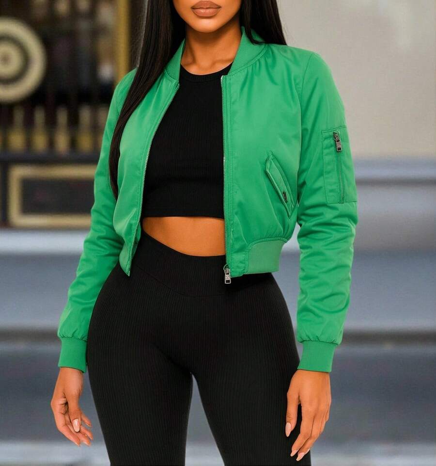 Chamarra bomber TERESA corta de poliéster brilloso para mujer, estilo moderno, casual, del diario, afelpada, de calidad. - Naranja - Ver 1