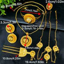 1 Collana, 1 Paio di Orecchini, 1 Bracciale, 1 Anello, 1 Catena per Capelli, 1 Fermaglio per Capelli, Set di Gioielli alla Moda Placcato Oro con 6 Ciondoli Rotondi per Donne, Adatto per Spose Europee, Mediorientali, di Dubai, Africane, Matrimoni, Feste, Ognissanti, Natale, Compleanni, Uso Quotidiano