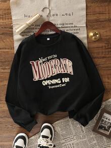 女式圆领字母印花休闲百搭可爱时尚超大长袖 T 恤，秋冬 - 黑色 - 查看 4