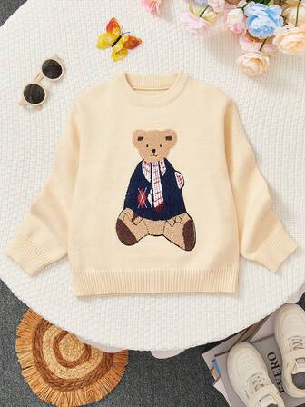 Flicktröja Mode Jacquard Tecknad Björn Broderad Rund Hals Långärmad Stickad Varm Resår Söt Elegant Enkel Tröja Lämplig För 4-12 År Barn Casual Mångsidig Topp, Höst/Vinter Ny