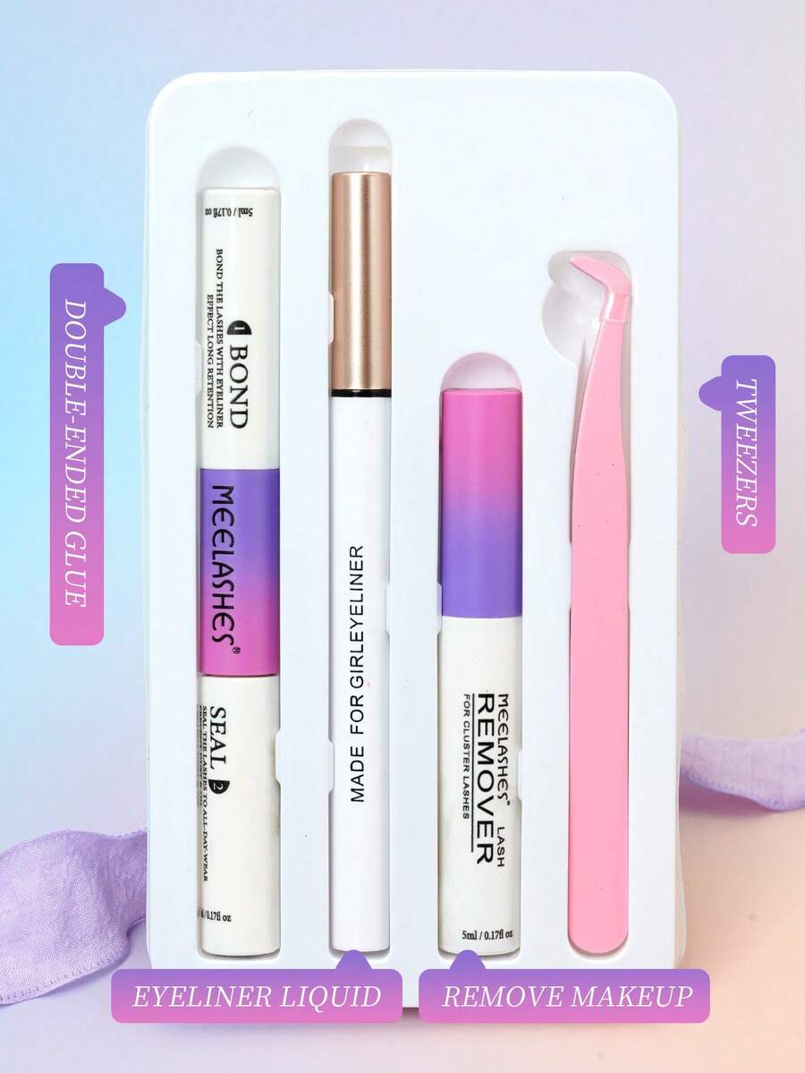 睫毛嫁接套装 - 胶水 + 眼线液 + 卸妆油 + 镊子，防汗，防水，温和，速干，可塑形，不刺激皮肤 - 彩色 - 查看 1