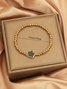 1pc Fashionable Minimalist Beaded Elastic Bracelet With Lucky 5-Leaf Clover, Suitable For Daily Wear By Girls - one-size - View 8