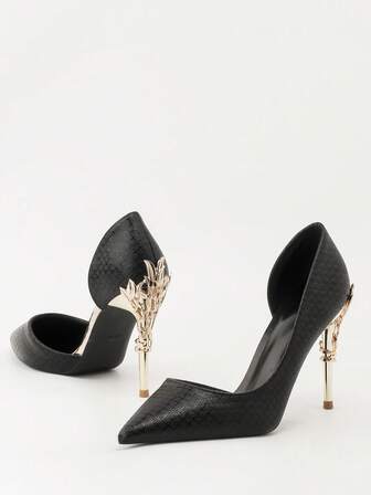 Elegant Women's Pointed Toe High Heels With Metallic Flower Decor, Sexy Stilettos, Hollow-Out Design, Suitable For Wedding And Formal Occasions