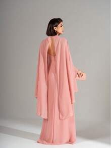 LONG DRESS WITH REMOVABLE CAPE, PERFECT Simple Asymmetrical Pink 3d Wedding - Rose - View 3