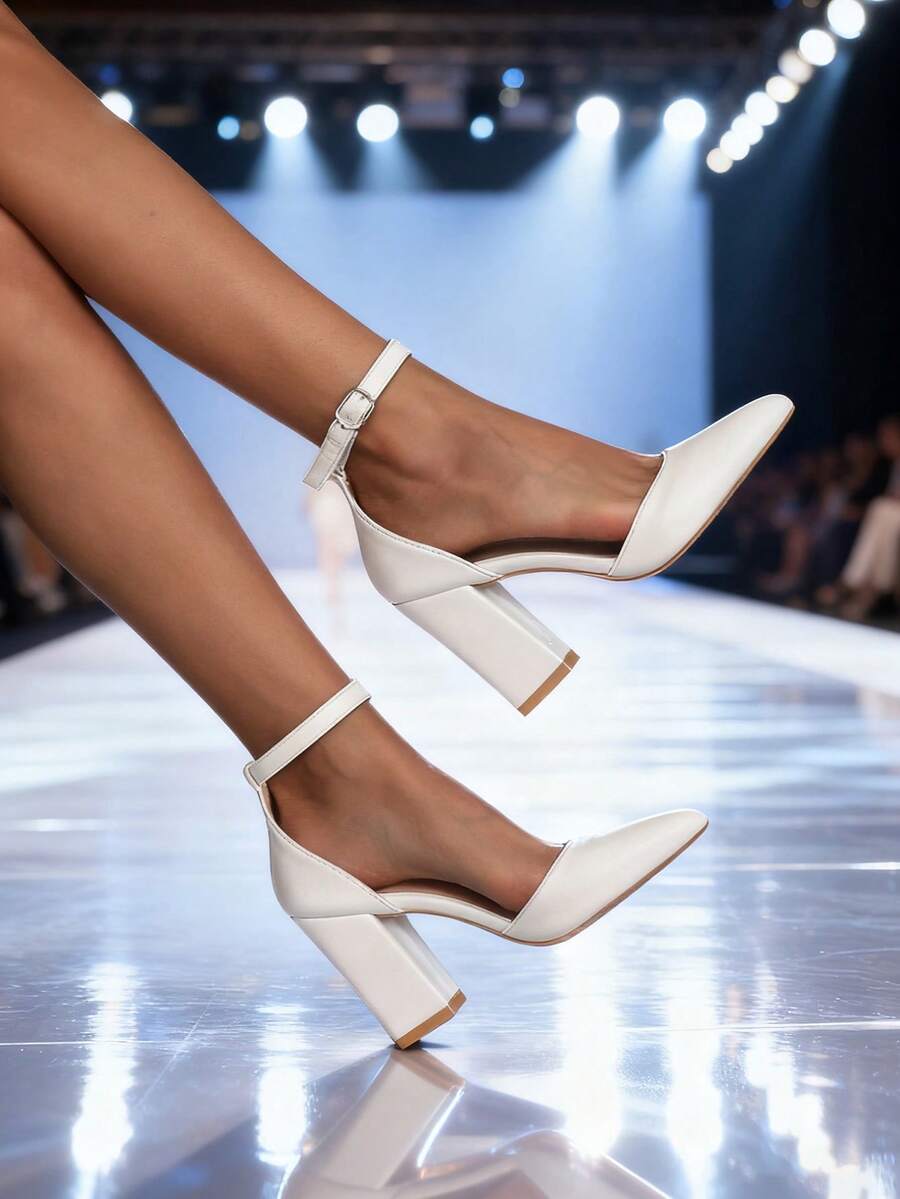 2025新款女士白色高跟凉鞋，粗跟，婚鞋，绑带，经典大码鞋，春夏款 - 白色 - 查看 1