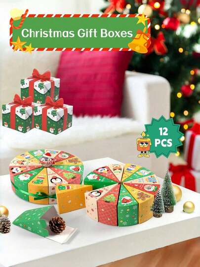 10/12-Piece Christmas Gift Box, Creative Cartoon Box, Candy And Biscuit Folding Packaging Box, Christmas Eve, Christmas Tree Decorative Gift Paper Bag, Suitable For Gift Boxes For Family And Friends.