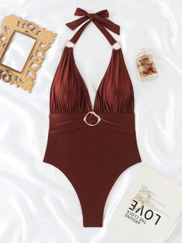 KEKE VEST Maiô Frente Única com Detalhe Dourado e Decote Profundo 2025 XX545