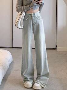 高腰流苏下摆喇叭修身百搭女式牛仔裤，休闲春季款 - 藍色 - 查看 4