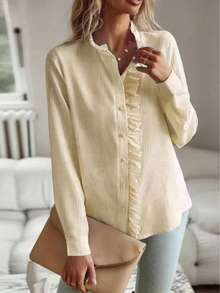 Women's Solid Color Button Pleated Ruffle/Frill Hem Blouse