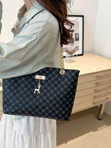 Large Capacity Handbag For Women, New Fashion Vintage Chain Shoulder Tote Bag, Printed Casual Travel Bags