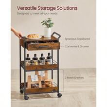 Storage Cart 3-Tier Rolling Utility Cart With Table Top Handles 4 Lockable Casters Top Drawer Mesh Shees For Kitchen Bathroom Bedroom Rustic Brown And Ink Black ULRC048K01