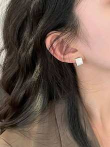 1 对时尚百搭哑光纹理几何环形耳环，适合女士 - 銀色 - 查看 5